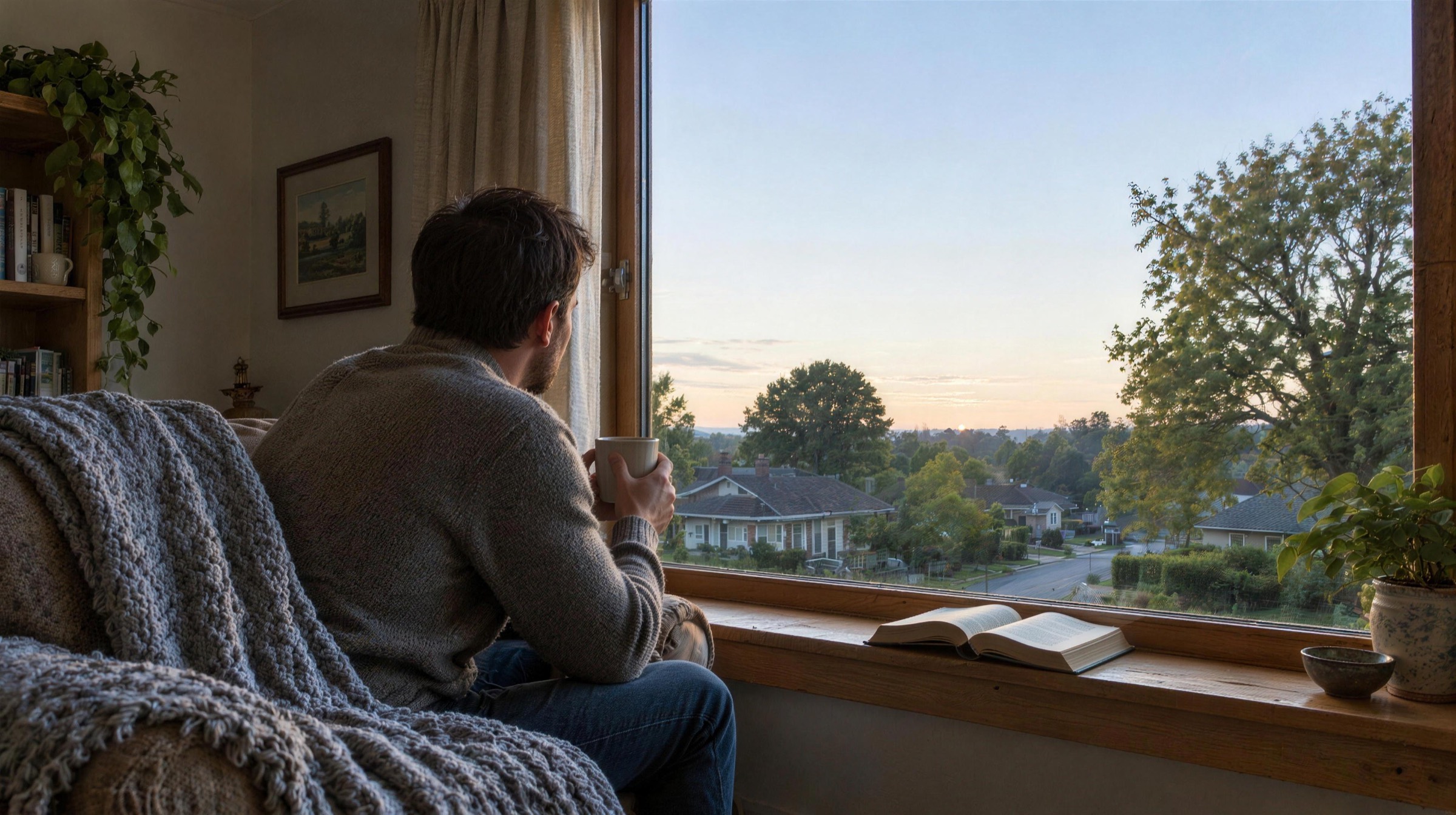 A man sits in an armchair with a mug, looking out of the window at a quiet street in the morning.